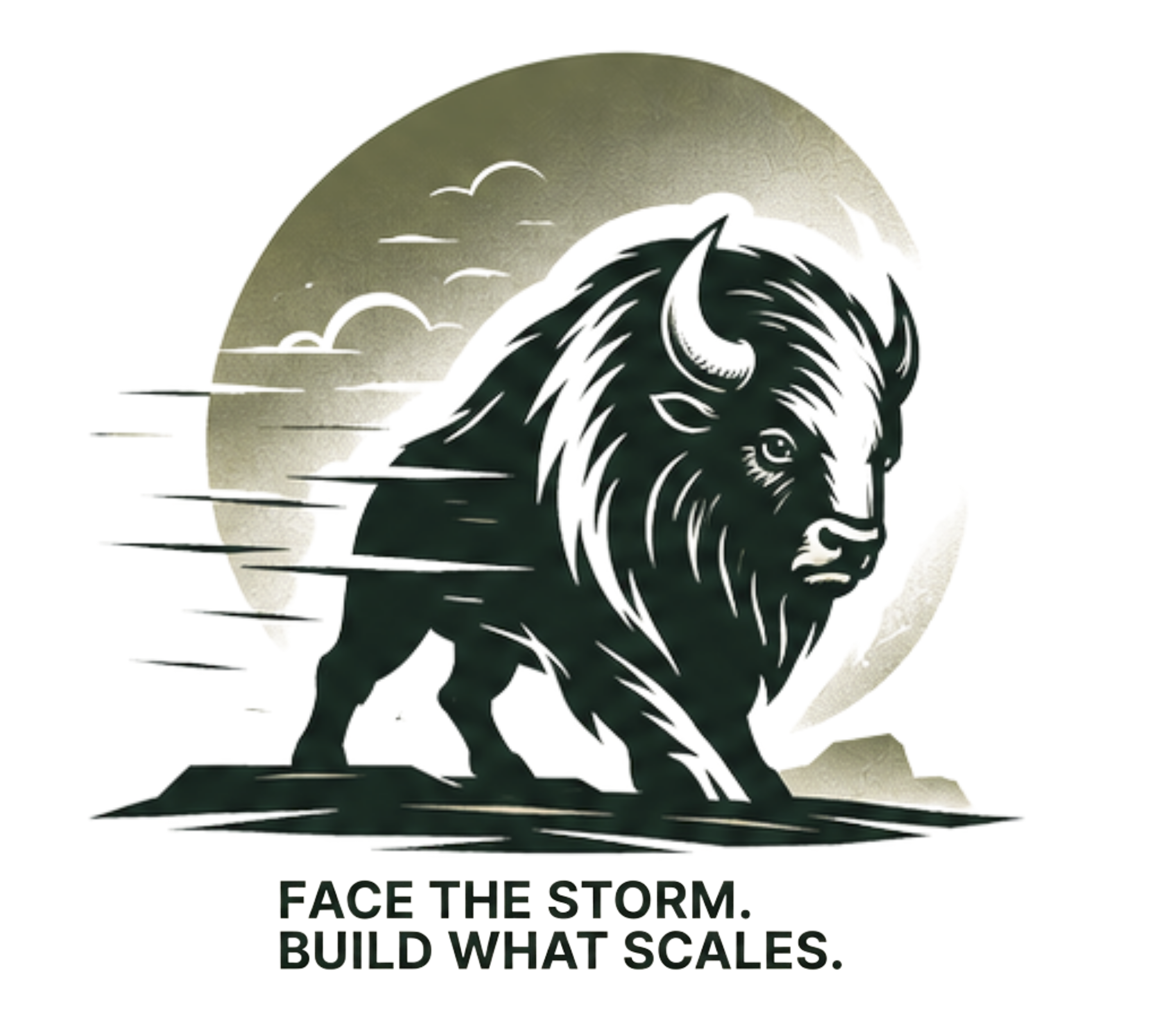 Bison charging through a storm — Face the storm, build what scales